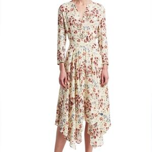 MAJE ROBE IMPRIME Rayine DRESS Size 3 US Large Floral Feminine Sharkbite Hem NWT